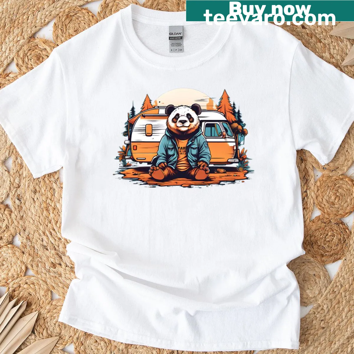 Whimsical panda illustration in front of a camper — on a men's t-shirt