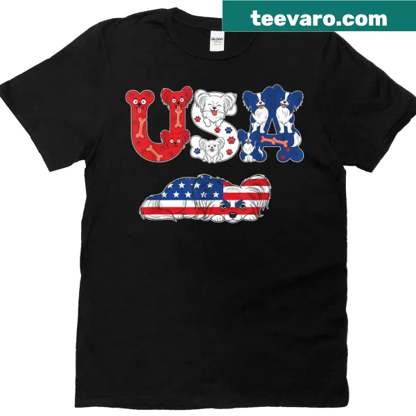 Papillon dog with American flag for July 4th celebration
