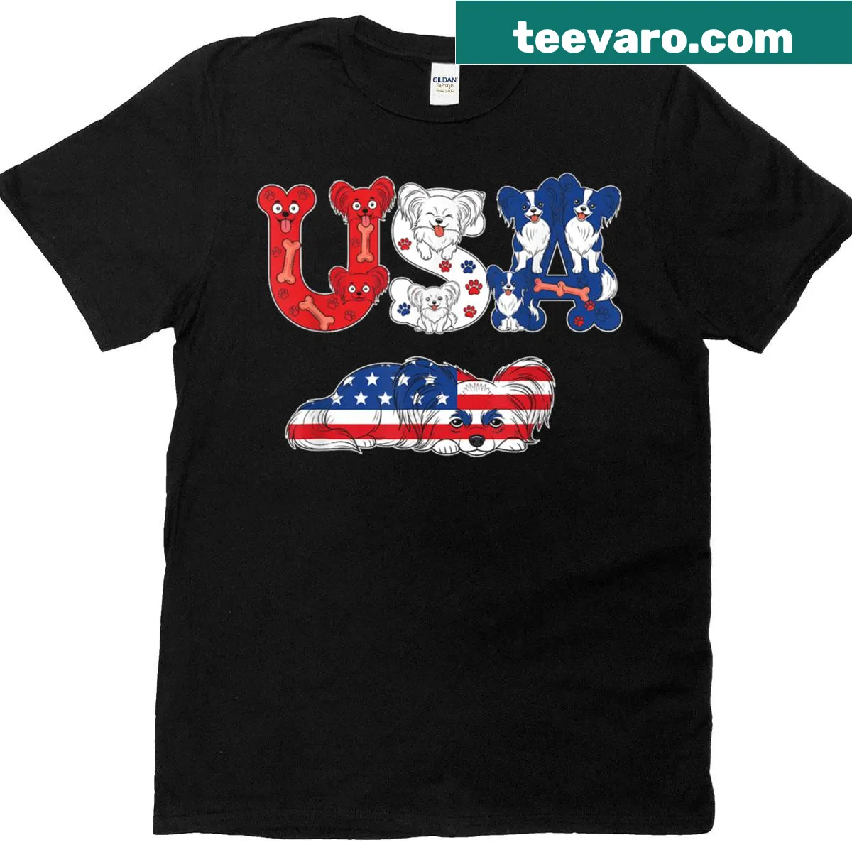 Papillon dog with American flag for July 4th celebration — on a men's t-shirt