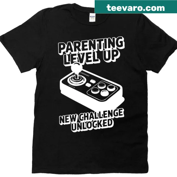 Gamer dad t-shirt with 'New Challenge Unlocked' and playful gaming graphics