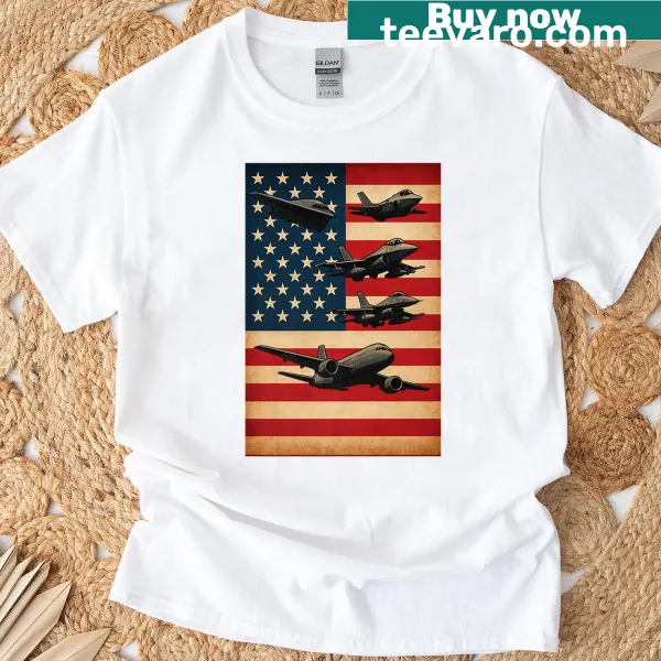 Illustration of a military jet flying above the American flag, symbolizing patriotism.