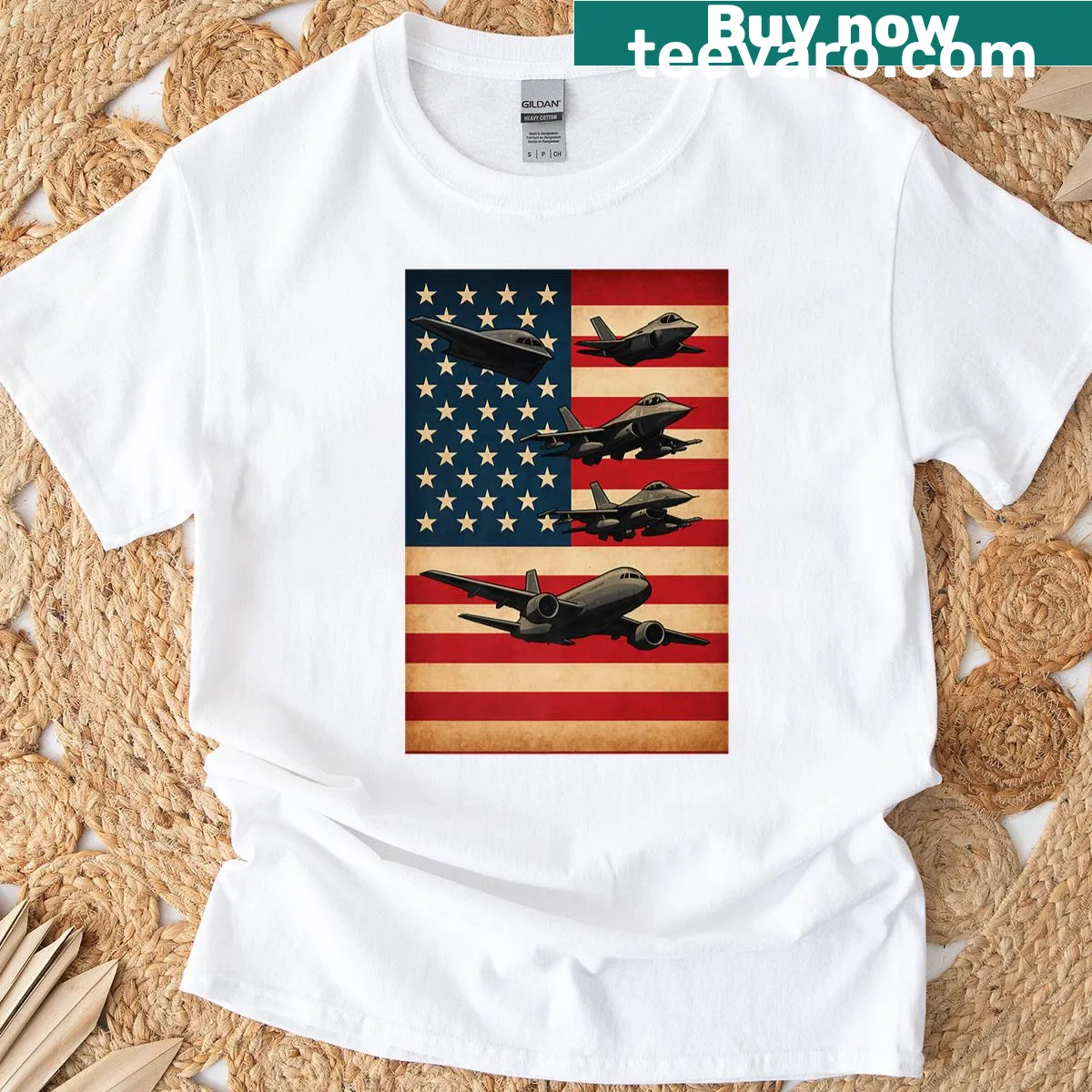 Illustration of a military jet flying above the American flag, symbolizing patriotism. — on a men's t-shirt