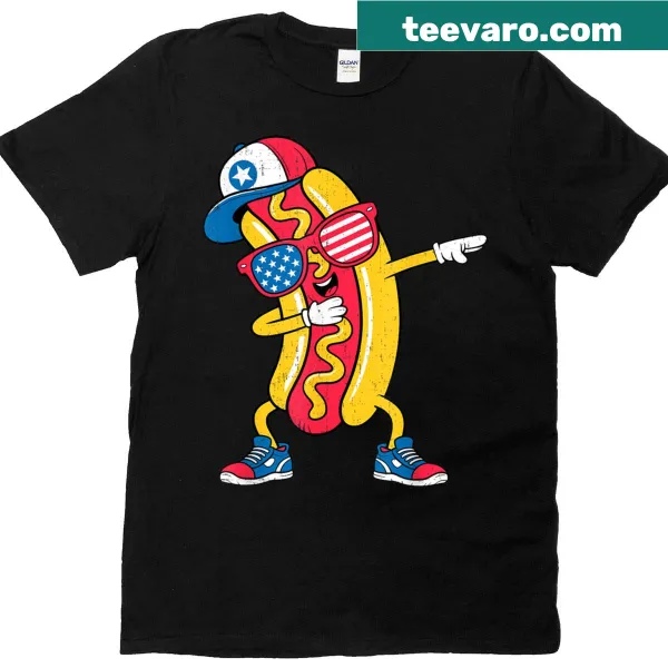 Cartoon hotdog with sunglasses dabbing for July 4th