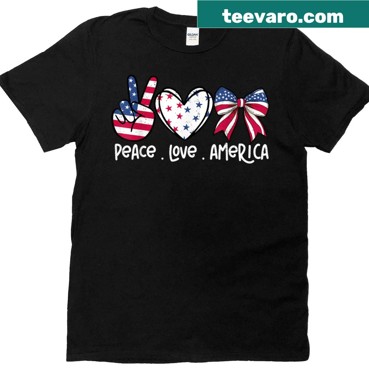 Text design 'Peace Love America' for July 4th wear — on a men's t-shirt
