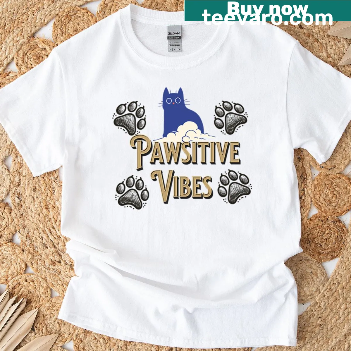 Cheerful typography on Pawsitive Vibes And Proud Cat Parent T-shirt — on a men's t-shirt