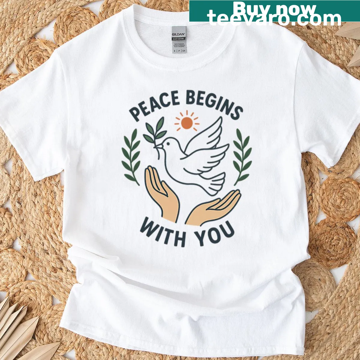 Minimalist dove and olive branch graphic on a peace-themed t-shirt — on a men's t-shirt