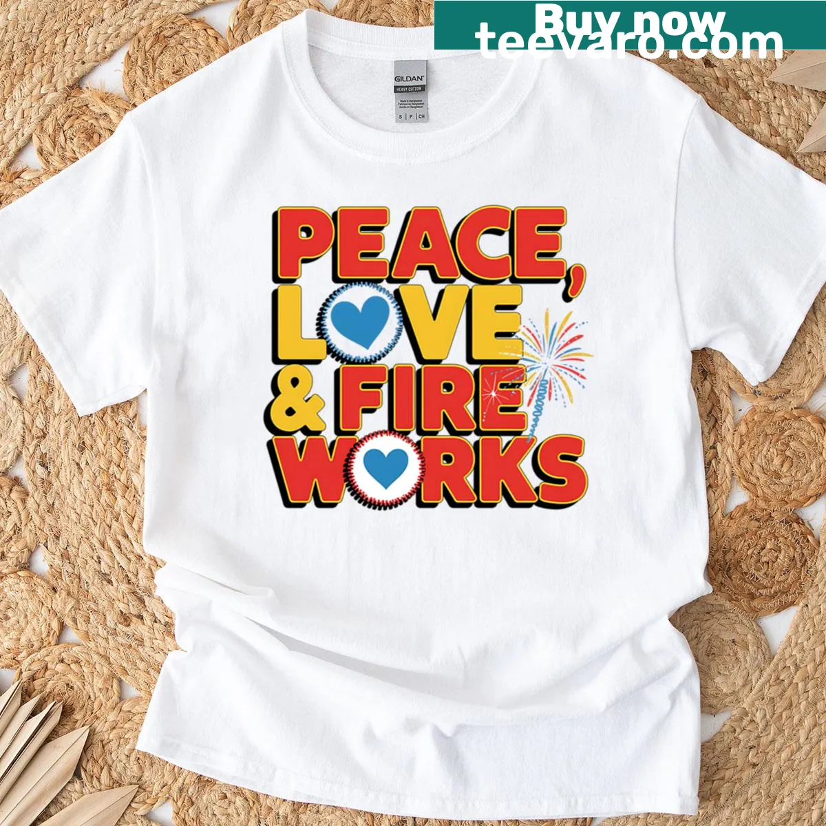 Patriotic graphic with fireworks on a Fourth of July T-shirt — on a men's t-shirt