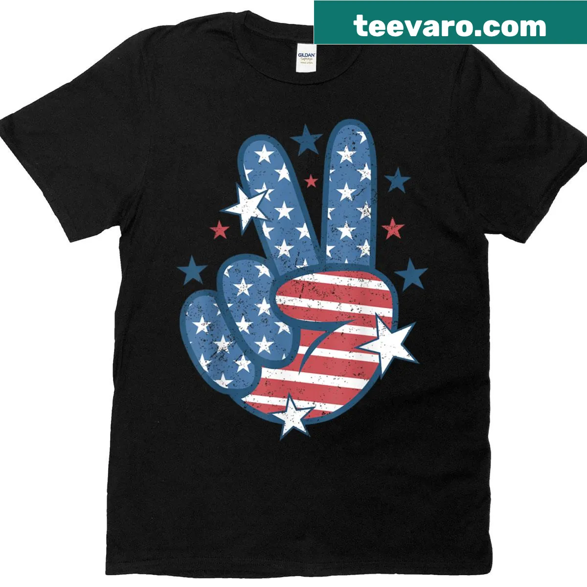 Peace sign hand with USA flag for July 4th — on a men's t-shirt