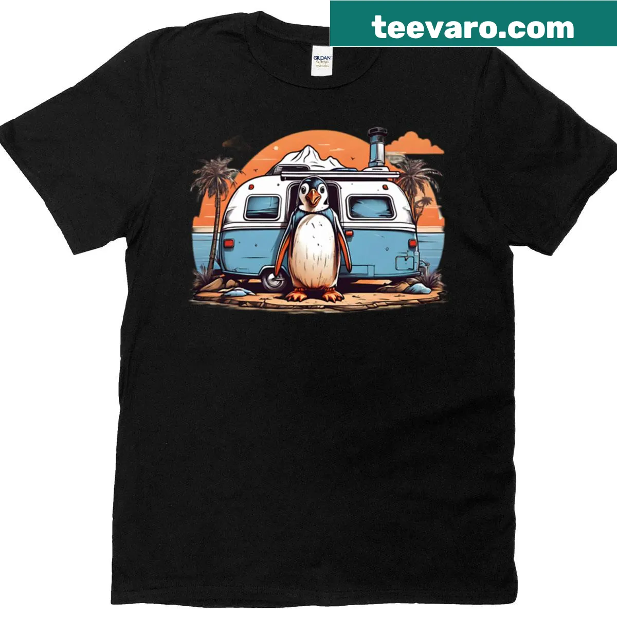 T-shirt with a cartoon penguin in front of a camper illustration. — on a men's t-shirt