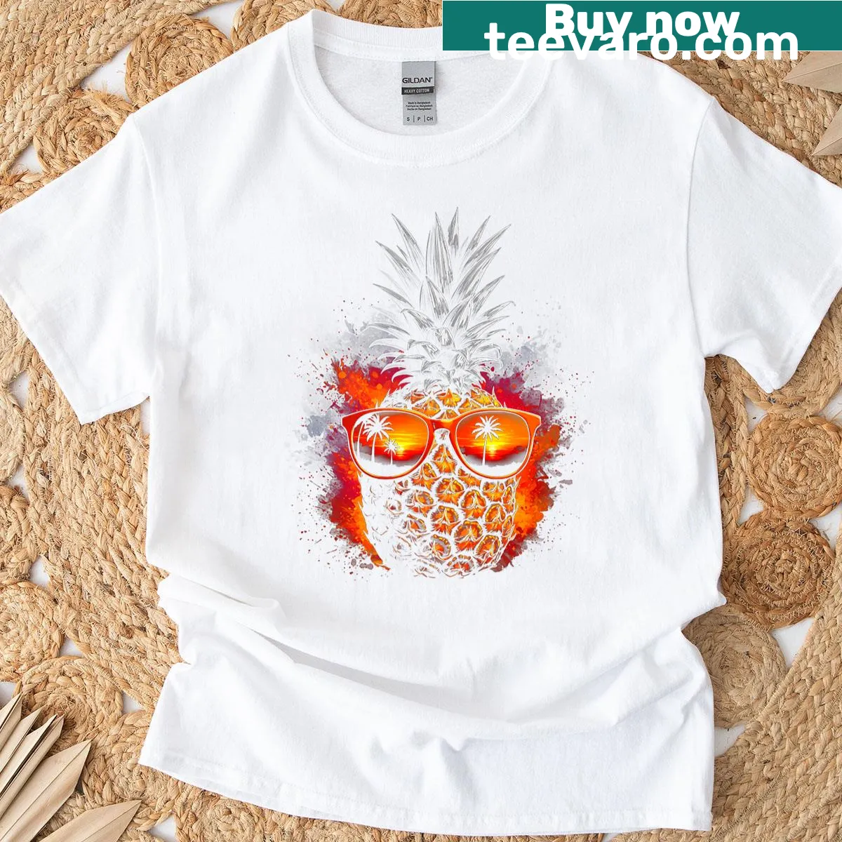 Pineapple with sunglasses graphic on a fun tropical t-shirt — on a men's t-shirt