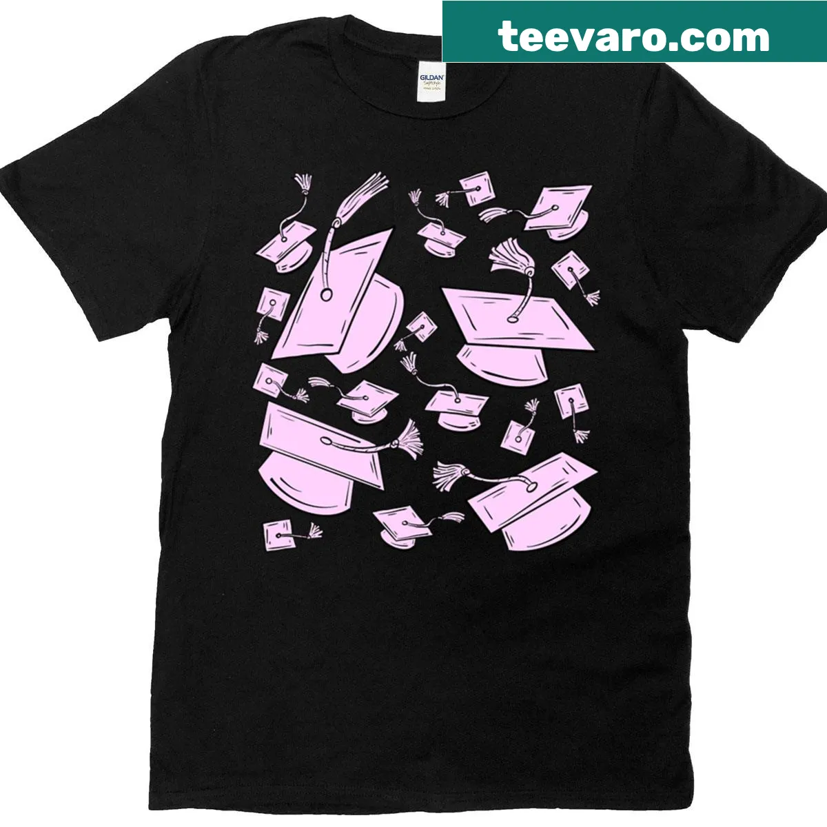 Graduation caps in gender colors graphic on a t-shirt — on a men's t-shirt