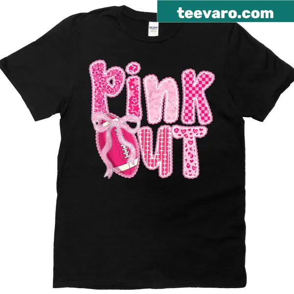 Pink bow and football graphic on a t-shirt for breast cancer awareness