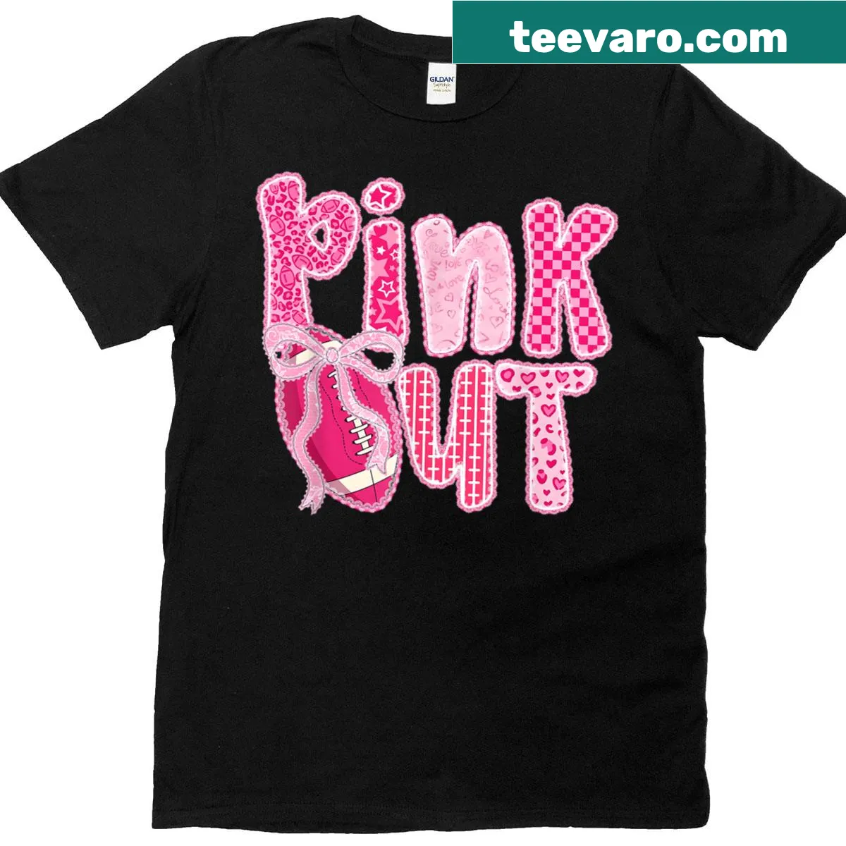 Pink bow and football graphic on a t-shirt for breast cancer awareness — on a men's t-shirt