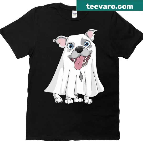 Halloween T-shirt featuring a pitbull ghost and pumpkin illustration.