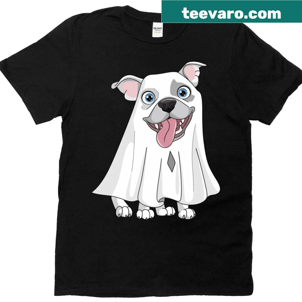 Halloween T-shirt featuring a pitbull ghost and pumpkin illustration. — on a men's t-shirt