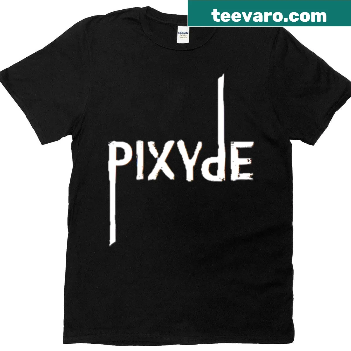 Graphic design of the name 'Pixyde' on an alternative rock t-shirt — on a men's t-shirt