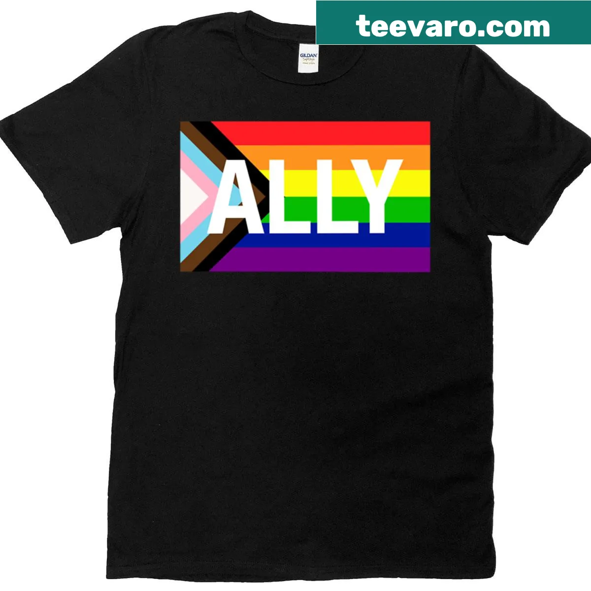 T-shirt featuring the Progress Pride flag for allies — on a men's t-shirt