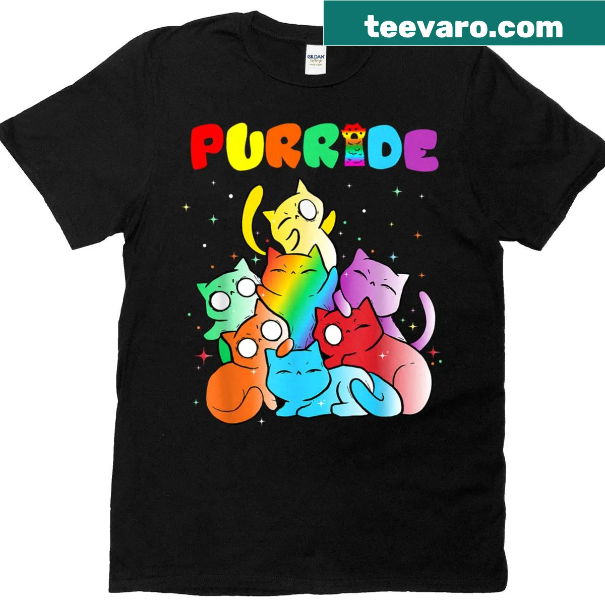 Illustrated shirt with rainbow cats and 'Purride' text for animal lovers — on a men's t-shirt