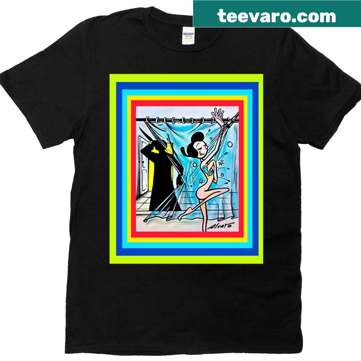 Whimsical Rainbow T-shirt featuring a colorful arc design — on a men's t-shirt