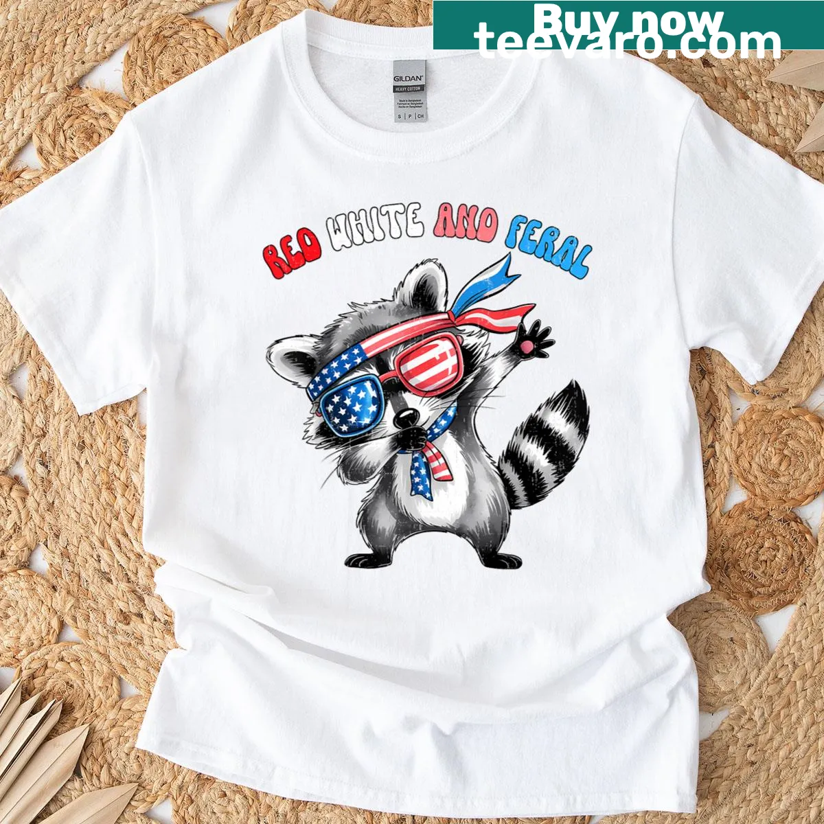 Fourth of July T-shirt featuring a cartoon raccoon dabbing — on a men's t-shirt
