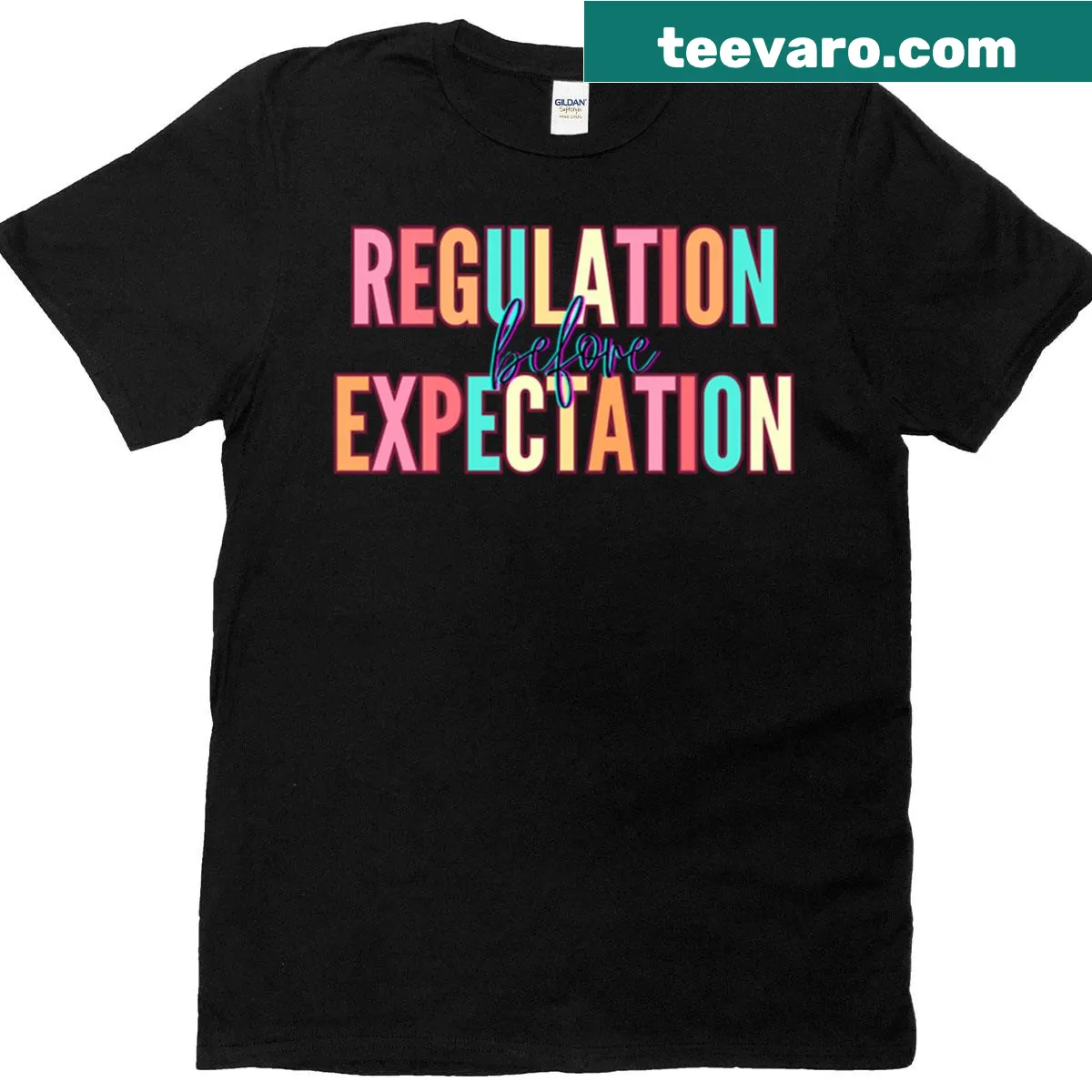 Neurodiversity affirming T-shirt with the phrase Regulation Before Expectation — on a men's t-shirt
