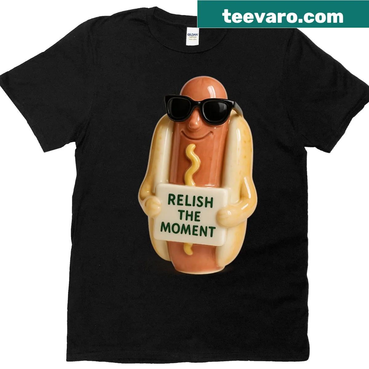 Hot dog themed T-shirt with the motto 'Relish The Moment' — on a men's t-shirt