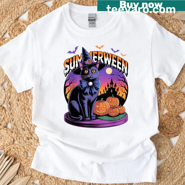 Cute retro illustration of a black cat for Summerween vibes