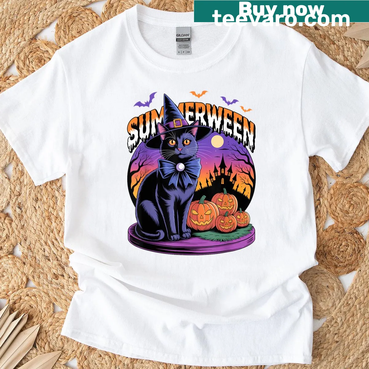 Cute retro illustration of a black cat for Summerween vibes — on a men's t-shirt