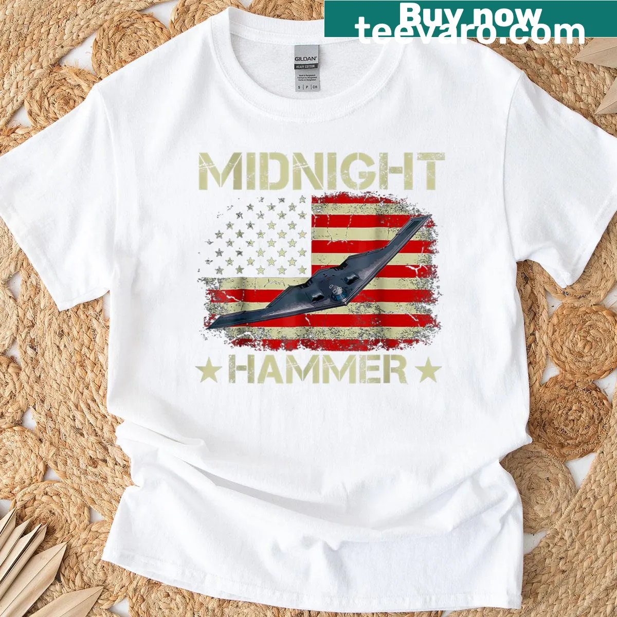 Badge emblem of the B-2 Stealth Jet with USA flag on T-shirt — on a men's t-shirt