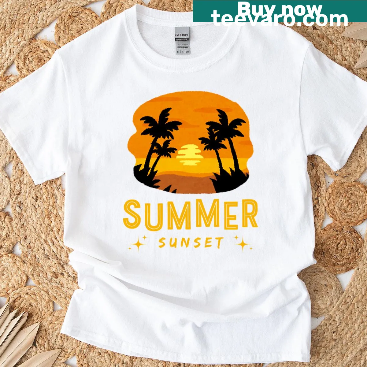 Illustration of palm trees at sunset on a T-shirt — on a men's t-shirt