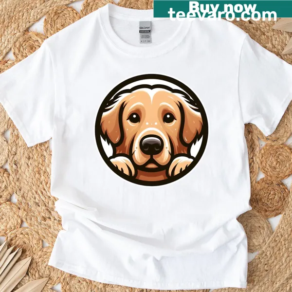 Cartoon graphic of a golden retriever on a t-shirt