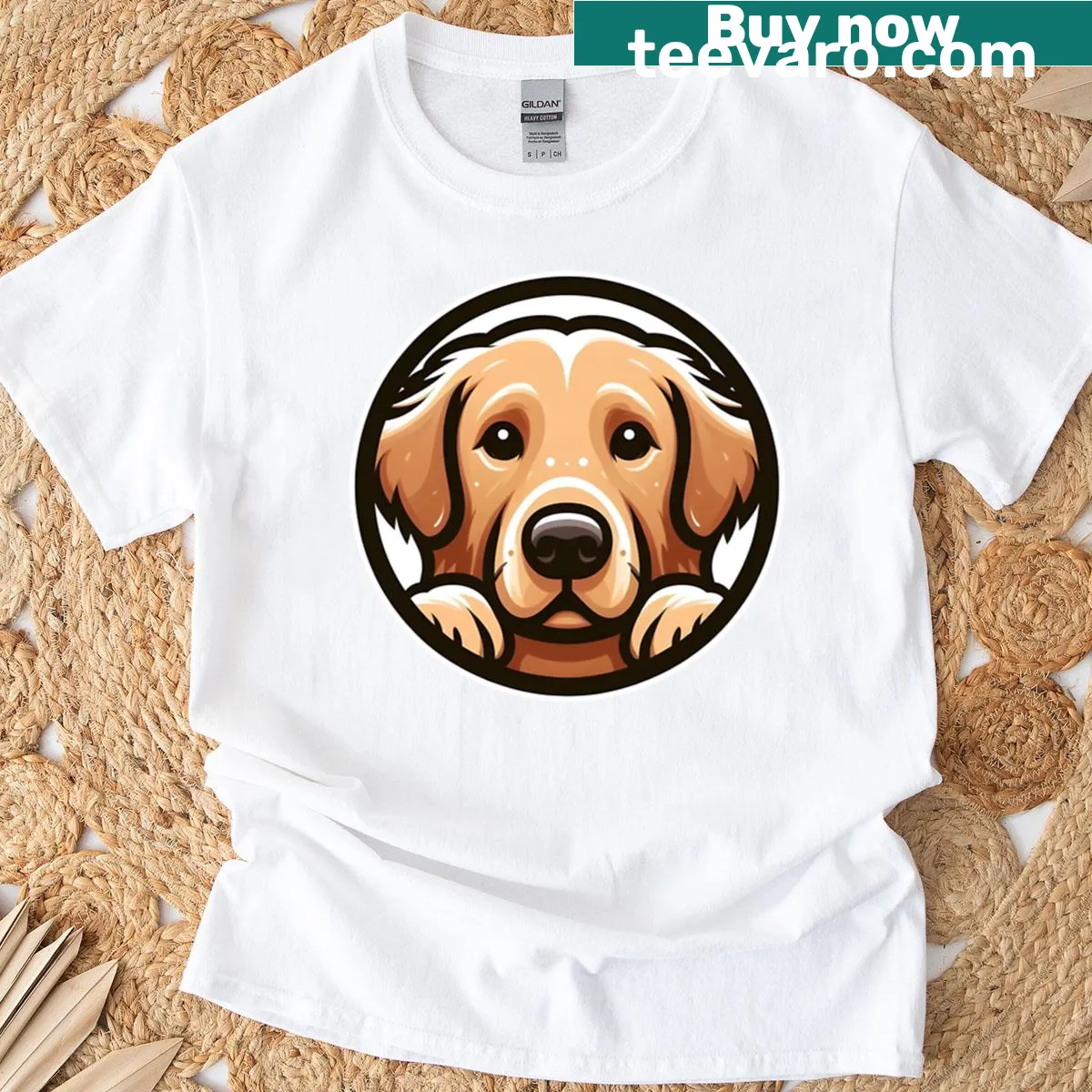 Cartoon graphic of a golden retriever on a t-shirt — on a men's t-shirt