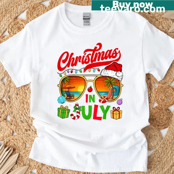 Santa Claus in sunglasses on a beach themed t-shirt