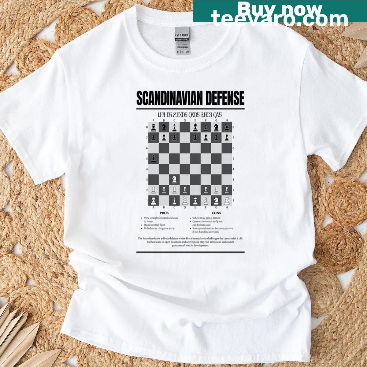 T-shirt displaying 'Scandinavian Defense' text for chess enthusiasts — on a men's t-shirt