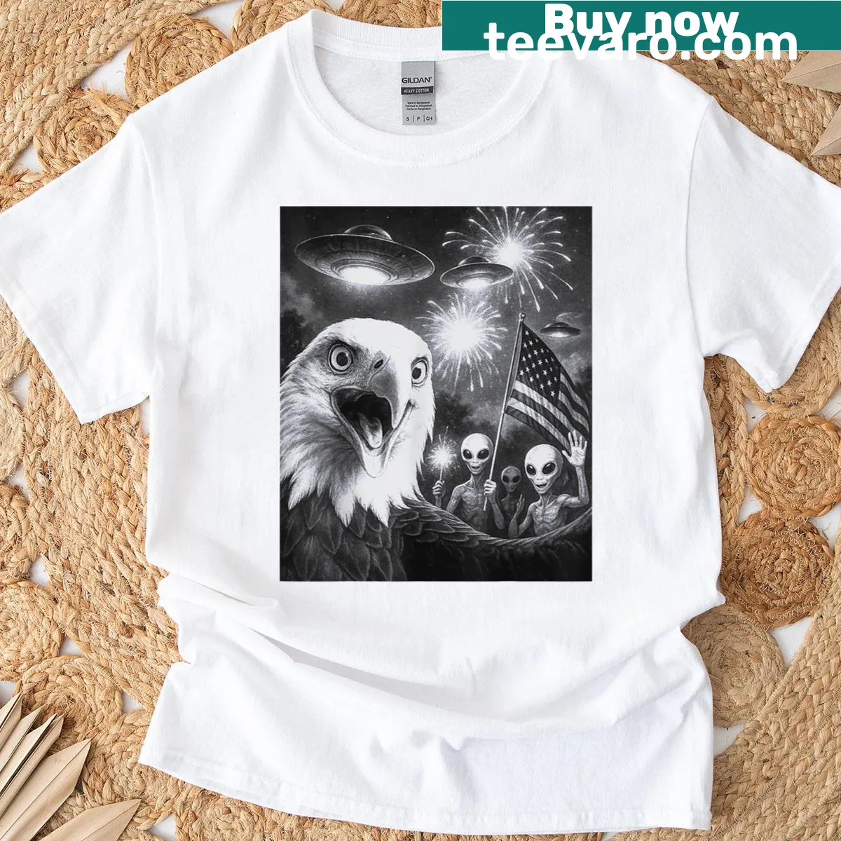 T-shirt featuring a bald eagle and aliens celebrating July 4th — on a men's t-shirt
