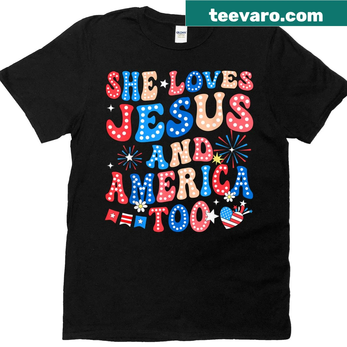 Patriotic t-shirt with the phrase 'She Loves Jesus And America Too' — on a men's t-shirt