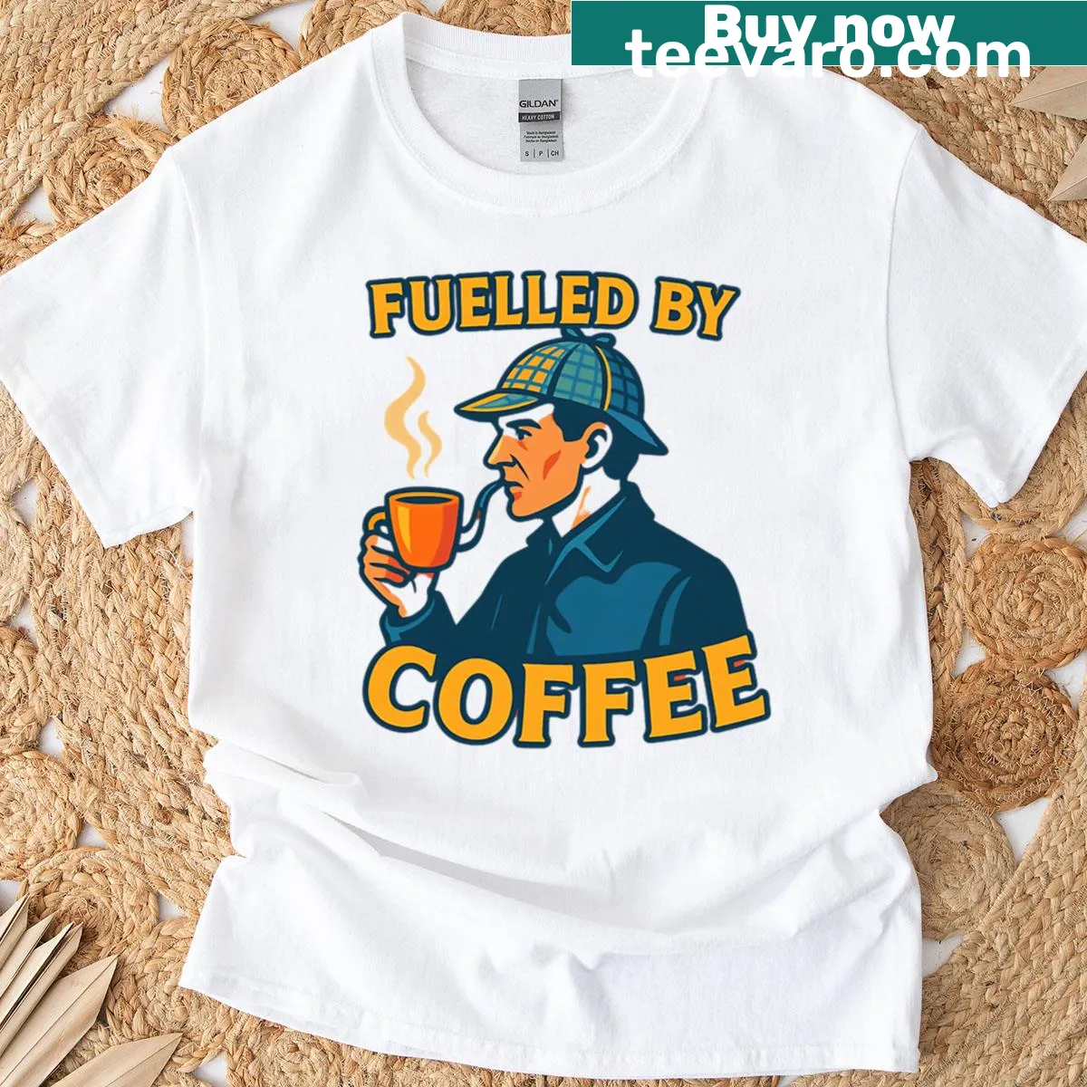 Sherlock Holmes coffee-themed text graphic on a t-shirt — on a men's t-shirt