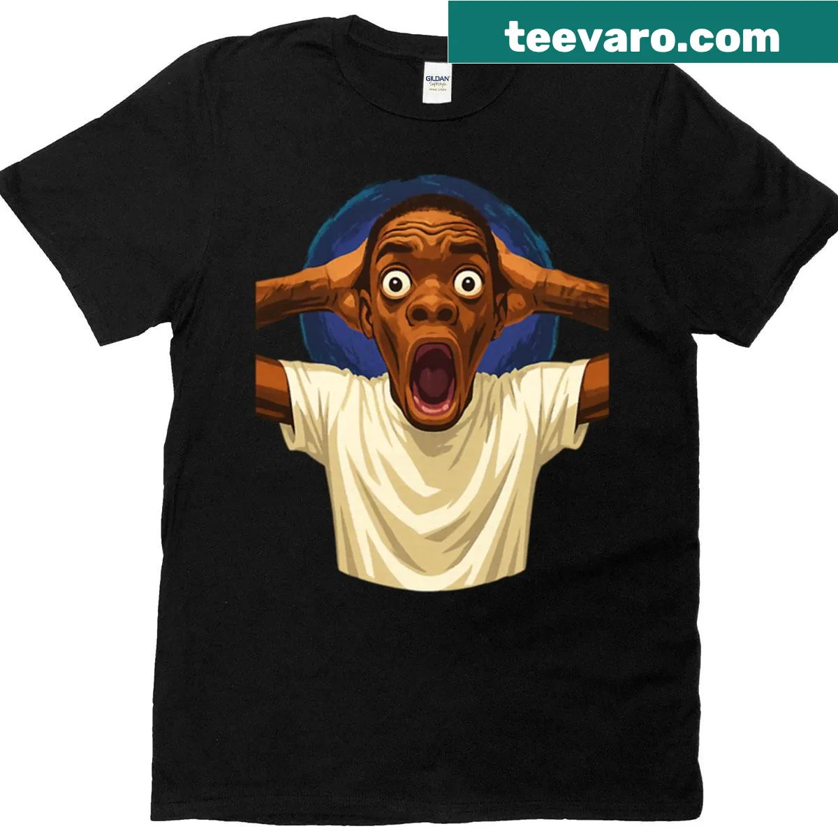 T-shirt featuring the shocked guy meme graphic — on a men's t-shirt