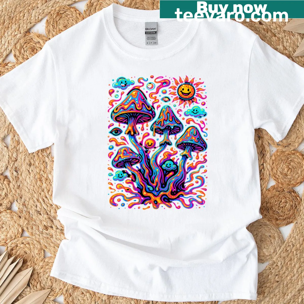Illustrated Shroom Bloom T-shirt with blooming mushrooms — on a men's t-shirt