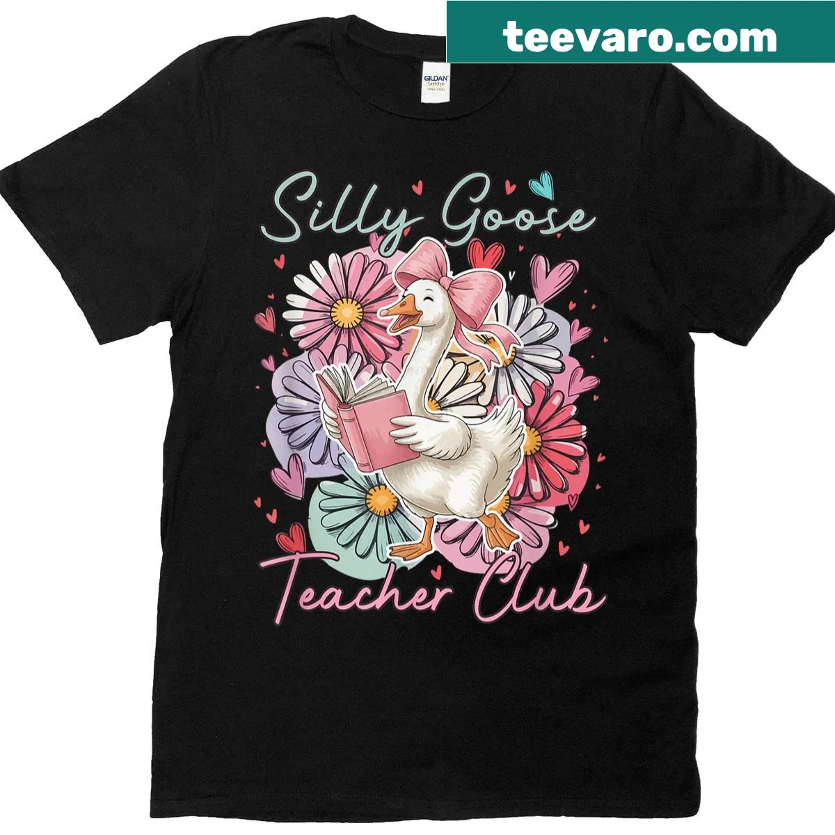 Cute goose illustration with flowers on a teacher T-shirt — on a men's t-shirt