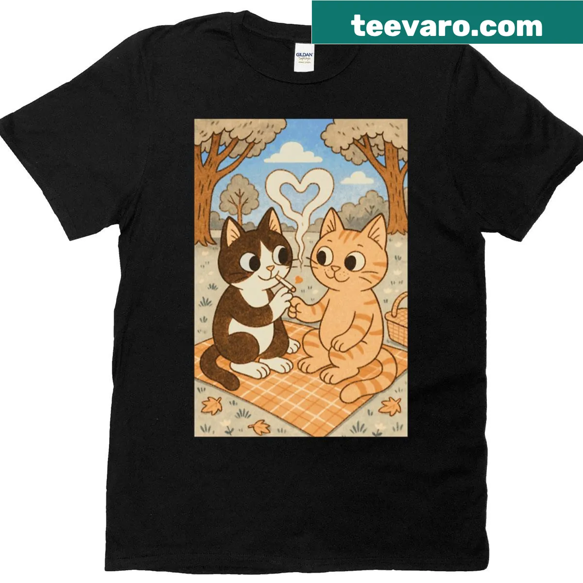 Cartoon graphic of two cats in love, showcasing playful design — on a men's t-shirt