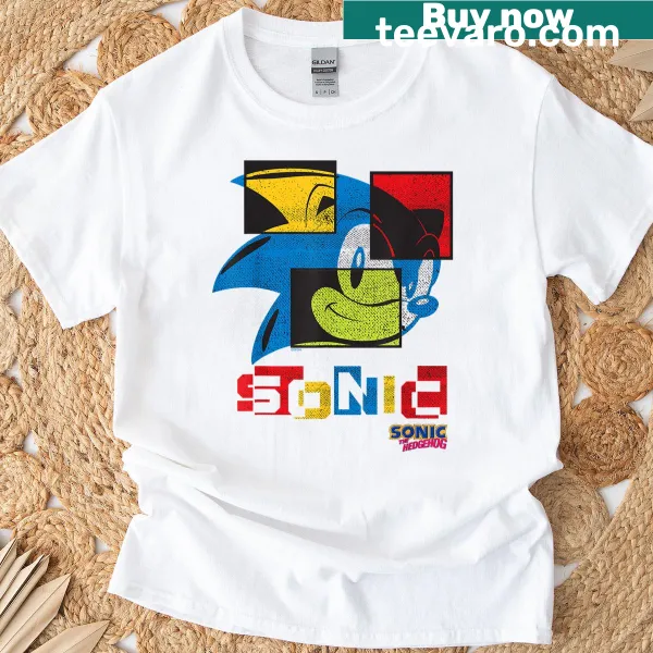 Playful illustration of Sonic the Hedgehog on a T-shirt.