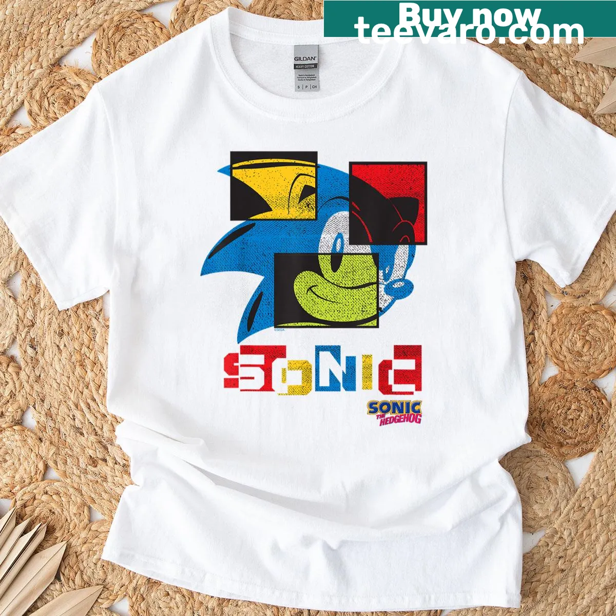 Playful illustration of Sonic the Hedgehog on a T-shirt. — on a men's t-shirt