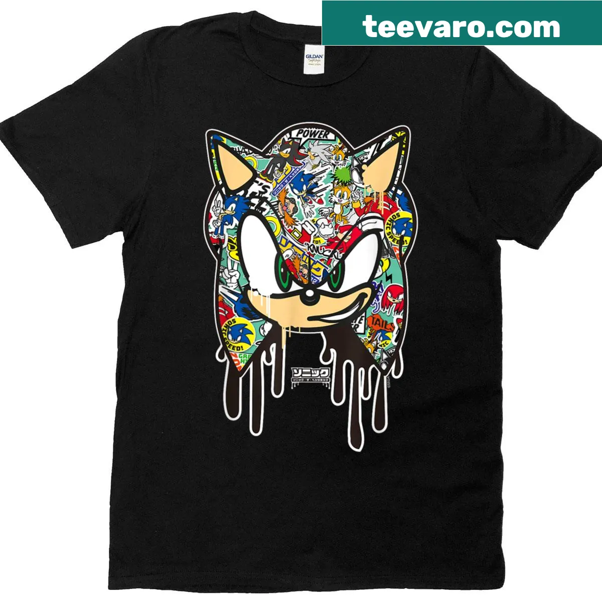 Sticker-inspired Sonic t-shirt featuring a playful cartoon design — on a men's t-shirt