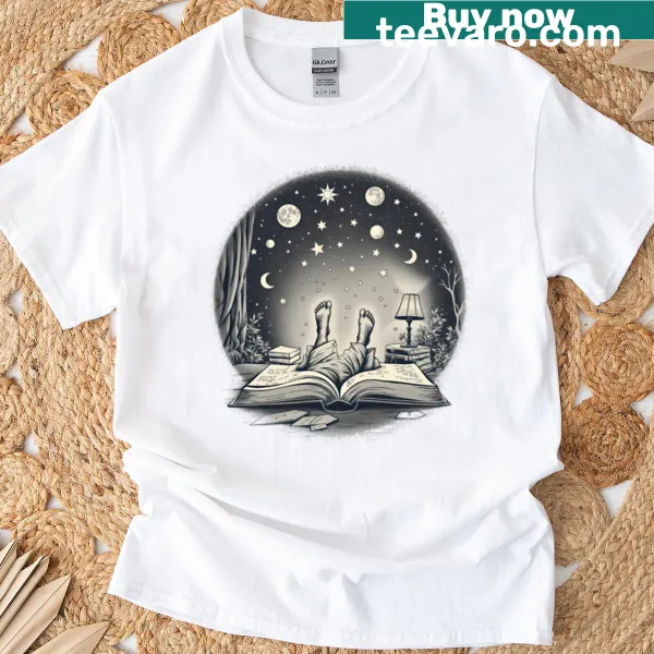 T-shirt featuring an illustration of a person reading under moonlight with stars.
