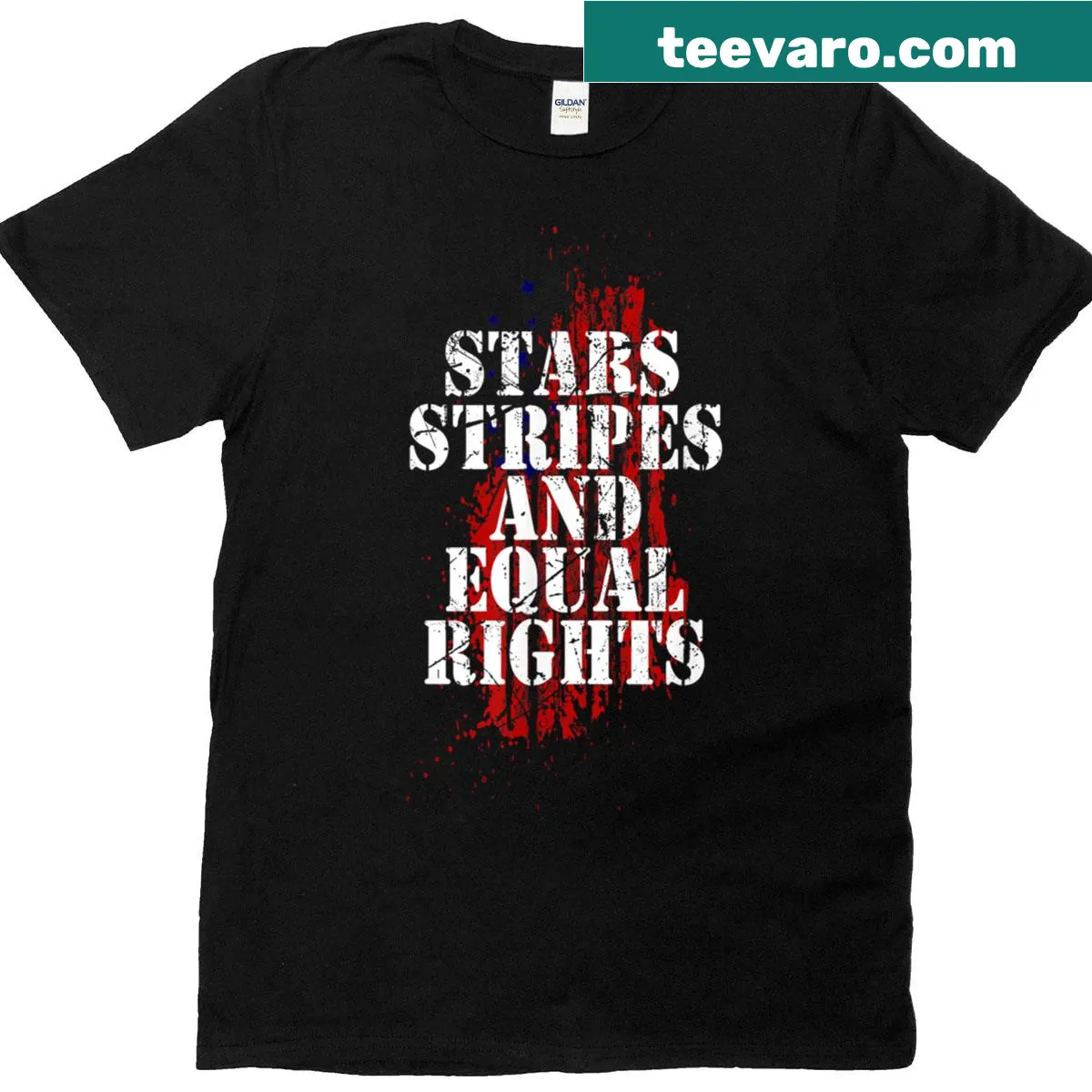 Patriotic T-shirt with stars, stripes, and women's rights slogan — on a men's t-shirt