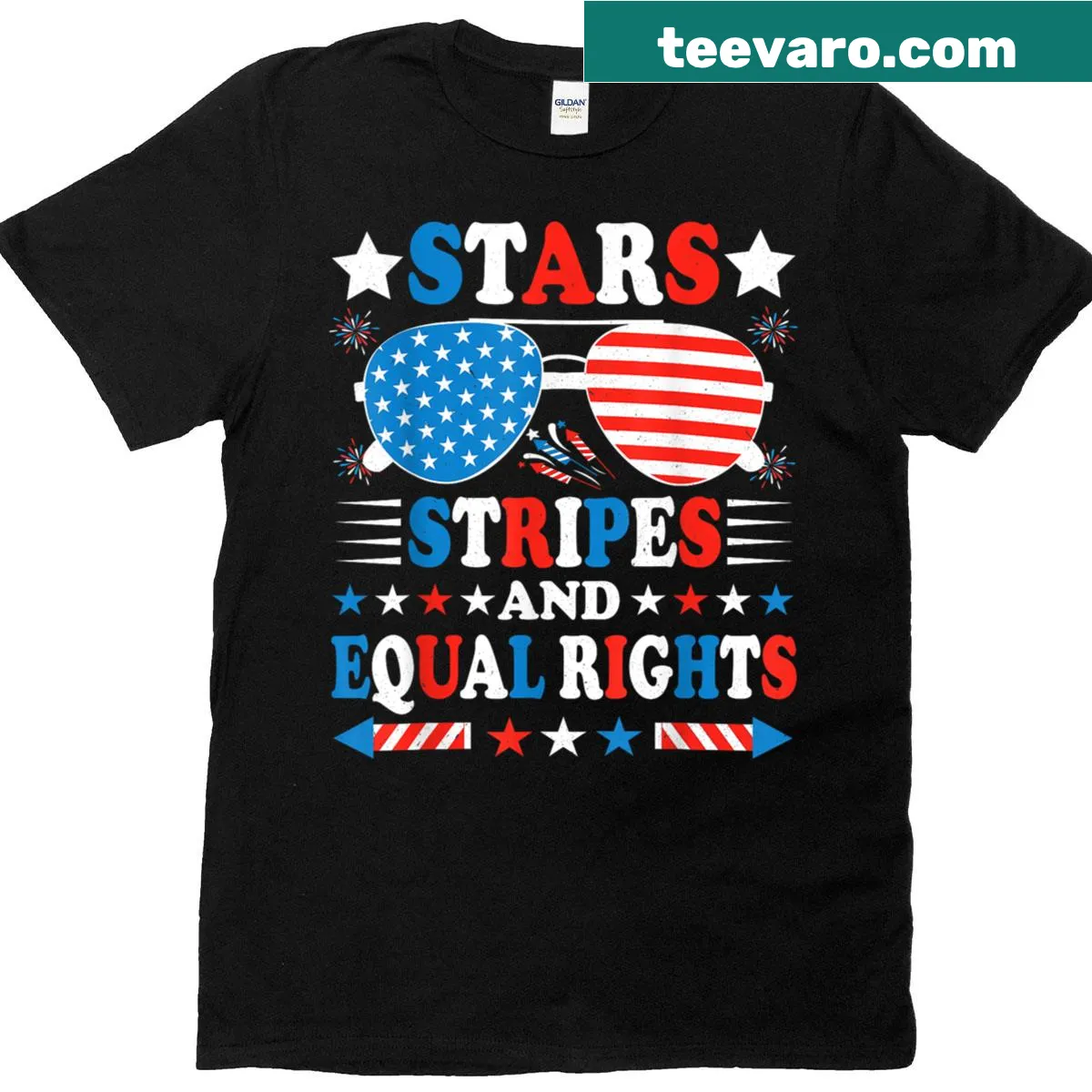 Patriotic T-shirt with the phrase 'Stars Stripes And Equal Rights' prominently displayed. — on a men's t-shirt
