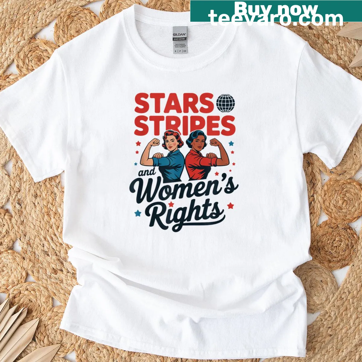 Patriotic t-shirt with stars, stripes, and women's rights message — on a men's t-shirt