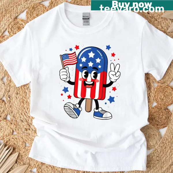 Funny popsicle design on T-shirt featuring the American flag for July 4th.
