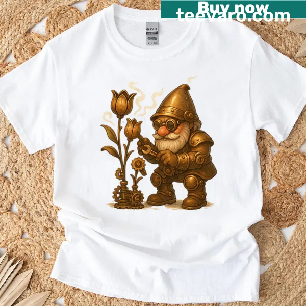 Illustration of a steampunk gnome on a T-shirt.